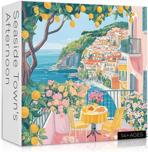 Italia Cinque Terre Rompecabezas Rompecabezas para Adultos 1000 Piezas, Rompecabezas de Playa Colorido con Flor, Arte de Paisaje Oceánico de Verano,