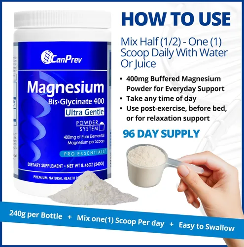 Miniatura 5 de CanPrev Bisglicinato de magnesio 400 polvo ultra suave 8.47 oz, 48 porciones, 400 mg de magnesio elemental por cucharada, soporta noches