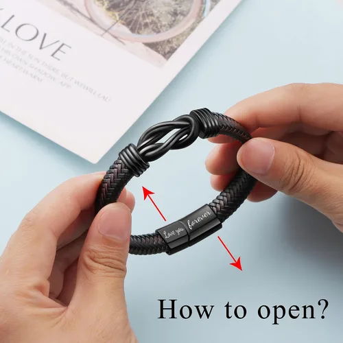 Miniatura 5 de Brown Braided Leather Stainless Steel Infinity Bracelets Lettering Love You Forever Gifts for Son Grandson Husband Boyfriend Brother Always Linked