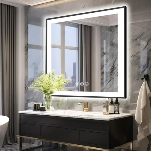 Miniatura 20 de Espejo de baño LED de 20 x 28 pulgadas para pared, marco negro (metal, aluminio), luz frontal y retroiluminada, 3 colores y espejo de tocador
