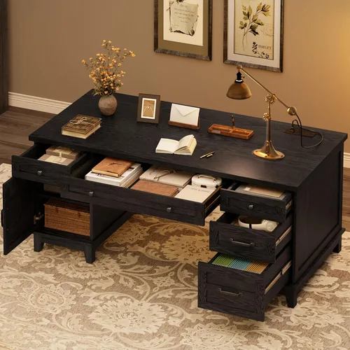 GarveeHome Escritorio ejecutivo de granja con cajones de archivos, escritorio de oficina en casa de 60 pulgadas con estación de carga, escritorio de
