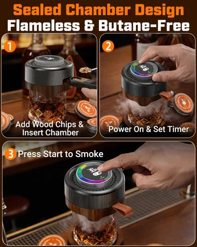 Miniatura 5 de Kit de ahumador eléctrico de whisky con control de humo ajustable (0–60s), kit de ahumador de cóctel con 6 virutas de madera, no necesita butano