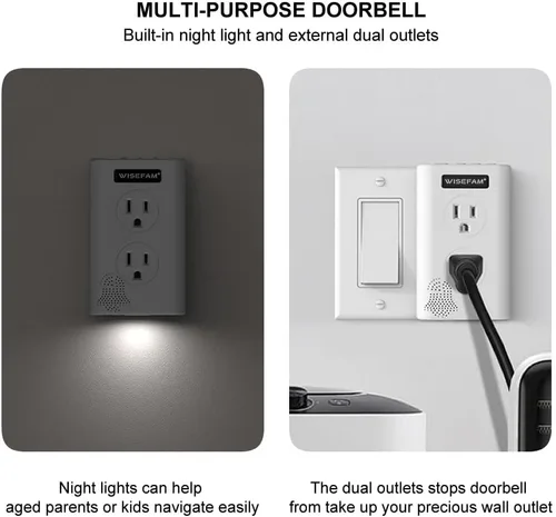 Miniatura 4 de Timbre inalámbrico con luz nocturna y 2 tomas de corriente, alcance de 1300 pies, impermeable, modo de no molestar, sin instalación de perforación
