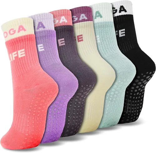 Calcetines antideslizantes para mujer, calcetines de agarre de pilato, calcetines antideslizantes para yoga, calcetines de hospital, 6 pares