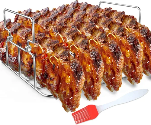 Miniatura 8 de Estante Doble para Pollo con Latas de Cerveza y Cepillo de Aceite de Silicona, Soporte de Acero Inoxidable para Pollo Doble para Ahumador