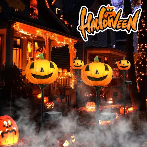 Miniatura 2 de Afirst Luces solares de calabaza de Halloween para caminos de cristal soplado a mano para Halloween, linterna de Halloween, pantalla LED solar