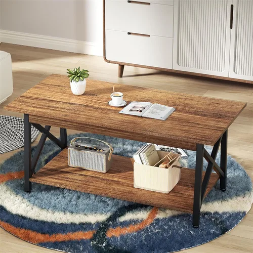 Miniatura 9 de GreenForest - Mesa de centro industrial patas de metal con estante de almacenamiento para sala de estar, fácil montaje, nogal