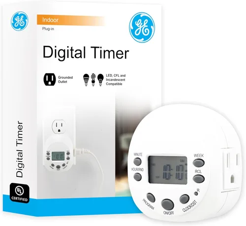 GE Temporizador digital programable para interiores de 7 días, 1 toma de tierra, enchufe semanal / ciclo de 7 días para tomas eléctricas, luz de 125