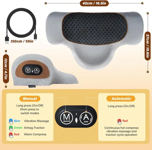 Miniatura 8 de Almohada masajeadora de cuello recargable 3 en 1 con calor, vibración y tracción de aire, almohada térmica para el cuello, joroba, relajación Gris