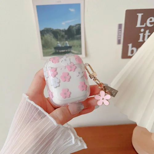 Miniatura 2 de MINSCOSE Funda transparente compatible con AirPods 1/2, bonito diseño de patrón de flores de dibujos animados con llavero floral, funda protectora