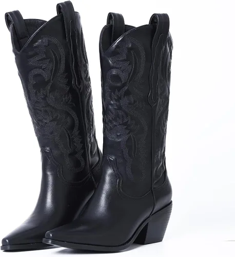 Miniatura 2 de Mattiventon Botas vaqueras para mujer, bordadas, a media pantorrilla, botas vaqueras vintage, botas occidentales