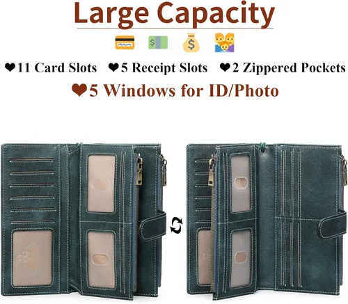 Miniatura 4 de GOIACII Cartera de mujer con bloqueo RFID triple pliegue cartera de mano larga para mujer cartera de cuero vegano con bolsillo para monedas A02-azul