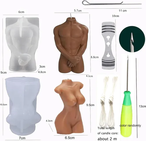 Miniatura 5 de Molde para hacer velas corporales masculinas y femeninas, 2 moldes de silicona con punzón de molde y aguja de gancho para velas para decoración