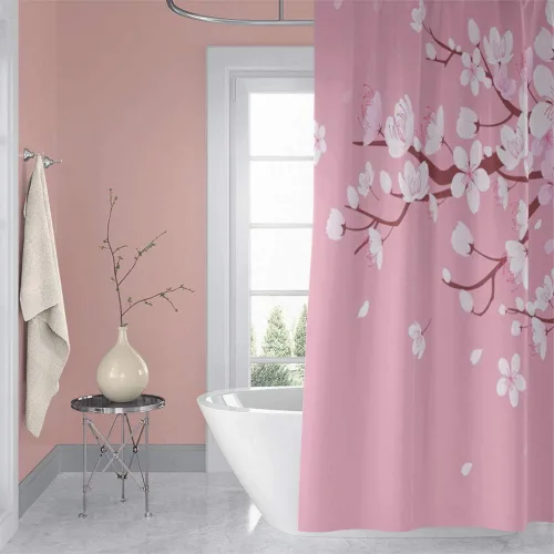 Miniatura 4 de Cortina de ducha japonesa con flores de cerezo blanco, pétalos que caen, decoración de fondo rosa, tela impermeable, cortina de baño floral
