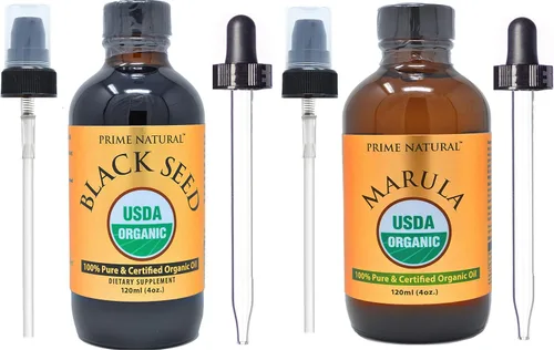 PRIME NATURAL Aceite orgánico de semillas negras [4 onzas] y aceite de marula orgánico [4 onzas] paquete – Certificado USDA – Prensado en frío,