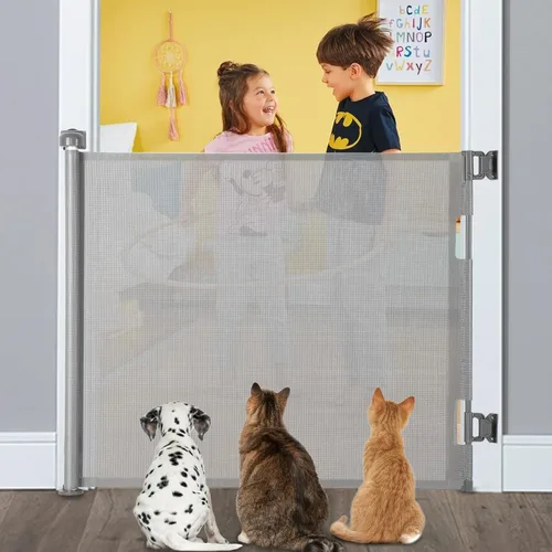 Puerta retráctil para bebé, puerta extra ancha de seguridad para niños o mascotas, 33 pulgadas de alto, se extiende a 55 pulgadas de ancho, puerta