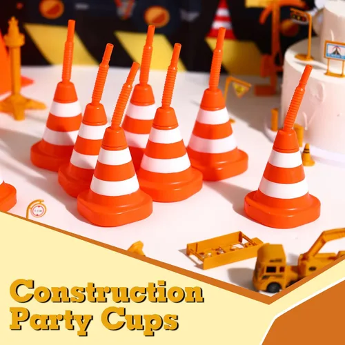 Miniatura 6 de Sawysine Paquete de 8 tazas de cono de construcción con pajitas a granel, conos de tráfico, recuerdo de fiesta, 10 onzas, plástico reutilizable