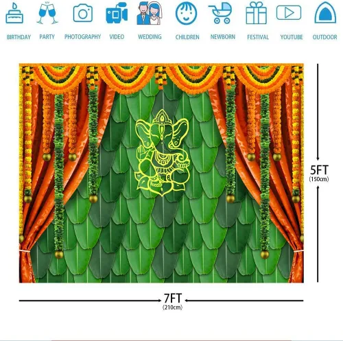 Miniatura 2 de Ticuenicoa Fondo de fotografía tradicional India Pooja de 7 x 5 pies, diseño de hojas de plátano, fondo verde de Chatiya Ganesh, fondos de Puja
