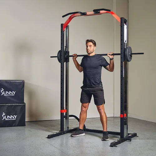 Miniatura 9 de Sunny Health & Fitness - Estante de potencia prémium para máquina de sentadillas, alta capacidad de carga, altura ajustable, barra de dominadas