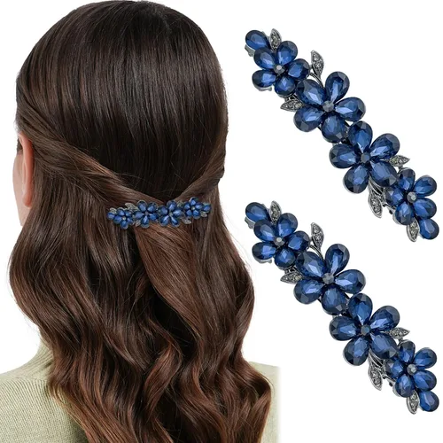 2 pinzas para el cabello con diamantes de imitación de cristal brillante, pasador francés de flores azules, horquilla floral para novia, boda,