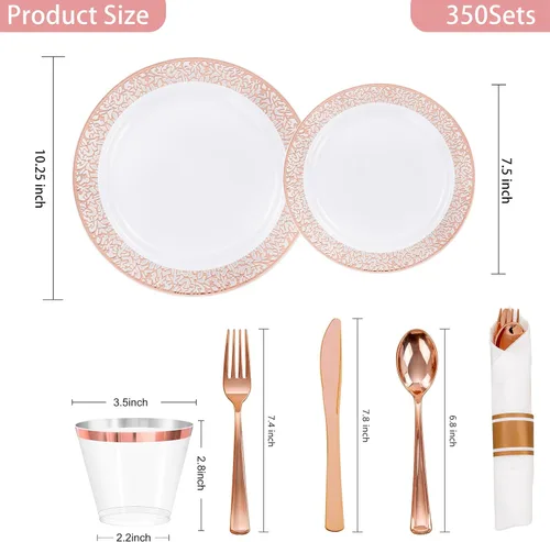 Miniatura 2 de Vajilla de plástico desechable de color dorado rosado, incluye: 50 platos de cena, 50 platos de postre, 50 servilletas enrolladas con cubiertos