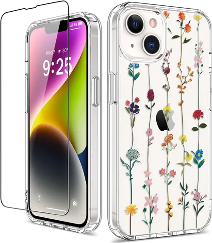 Miniatura 13 de Funda para iPhone 14 Pro con protector de pantalla, 6.1 pulgadas, transparente de cuerpo completo, a prueba de golpes, diseño floral, para niñas