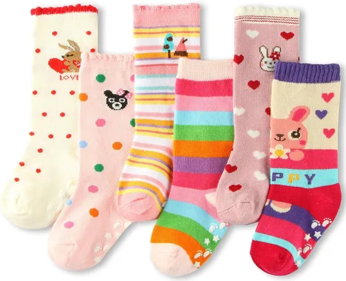 Miniatura 2 de Cottock 6 pares de calcetines de agarre alto hasta la rodilla, calcetines de bebé para niña, calcetines de escuela antideslizantes para niños y niñas