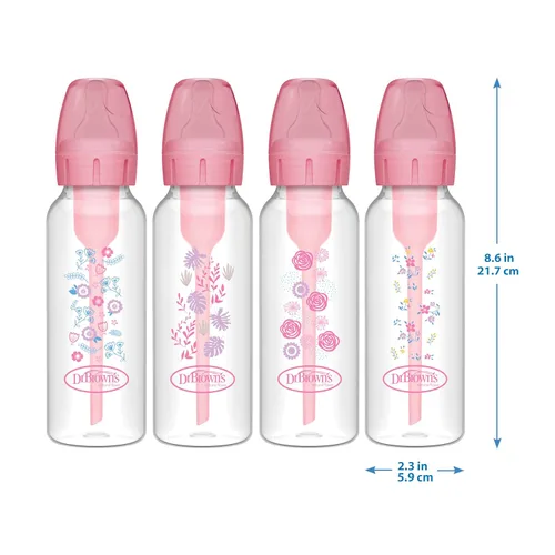 Miniatura 16 de Dr. Brown's Natural Flow Anti-Cólico Options+ Biberón Estrecho, Floral Rosa, 8 onzas/250 mL, con Tetinas de Flujo Lento Nivel 1, 0m+, paquete de 4