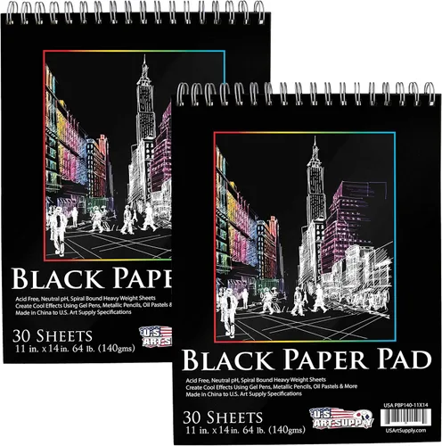 Miniatura 7 de U.S. Art Supply Cuaderno de bocetos de papel negro de alta calidad de 9 x 12, 64 libras (4.94 oz/m²), paquete de 2, 30 hojas, encuadernado