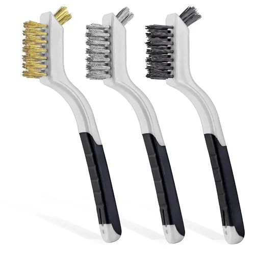 Miniatura 10 de Lavaxon Juego de 3 cepillos de alambre, cerdas de nailon/latón/acero inoxidable con mango curvado para óxido, suciedad y limpieza profunda, 7 Azul