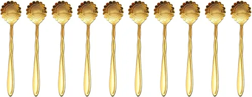 Miniatura 4 de Cuchara de flores de acero inoxidable de 10 piezas, cucharas creativas de postre doradas, cucharas de café, agitadores de café, cuchara de té