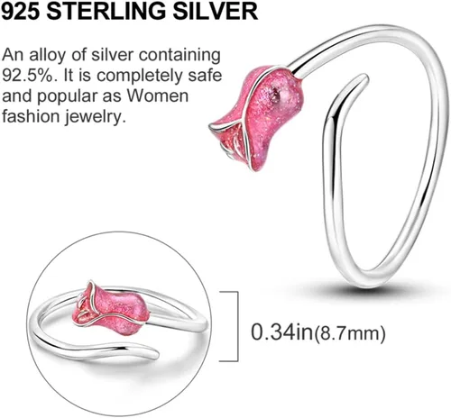 Miniatura 5 de Anillo de plata de ley 925, anillo de extremo abierto, anillo tallado de circonita colorida, anillo de flor y plumas, anillo ajustable de plata