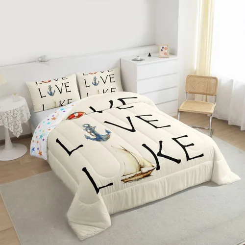 Miniatura 3 de Juego de edredón de casa del lago, tamaño individual, juego de ropa de cama con ancla náutica para niños, adolescentes y adultos, edredón retro