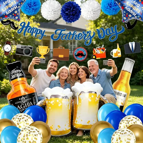 Miniatura 7 de Decoraciones de fiesta del día del padre: globos del día del padre, pancarta, flores de papel, adornos en espiral para telón de fondo de fotos