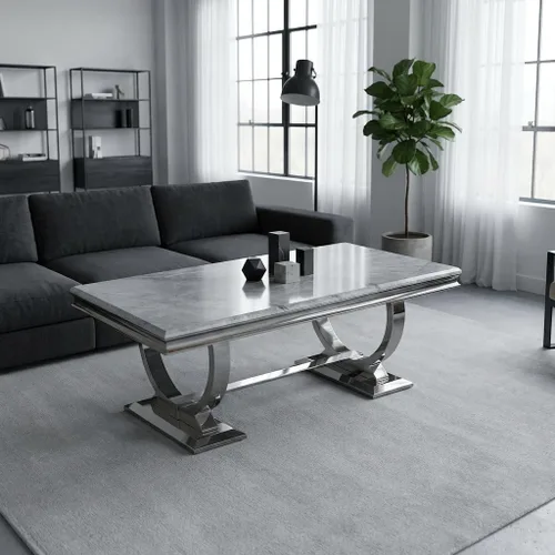 Miniatura 4 de Asday Mesa de centro plateada, mesa rectangular gris para sala de estar con base en U de metal espejo plateado, mesa de centro para sala de estar