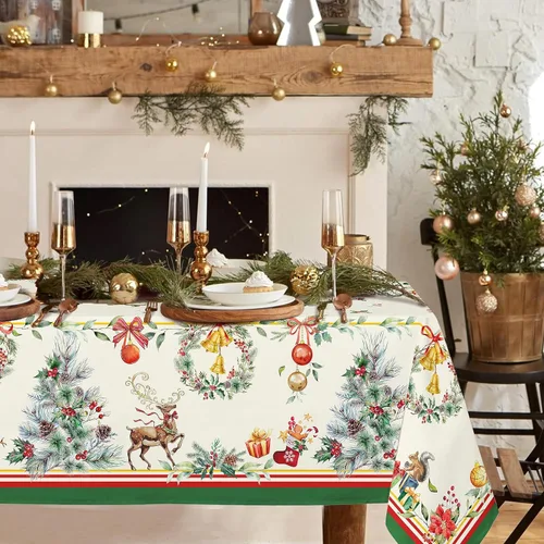 Mantel rectangular de Navidad de 60 x 84 pulgadas, mantel de decoración navideña de alce, poliéster, impermeable y resistente a las arrugas, mantel
