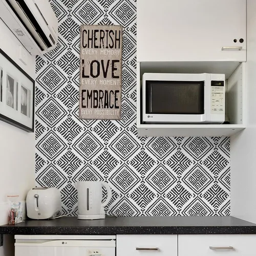 Miniatura 4 de Papel Tapiz Adhesivo Removible Blanco y Negro Geométrico Boho Papel de Contacto para Gabinetes Moderno Autoadhesivo Removible Papel Tapiz Cocina