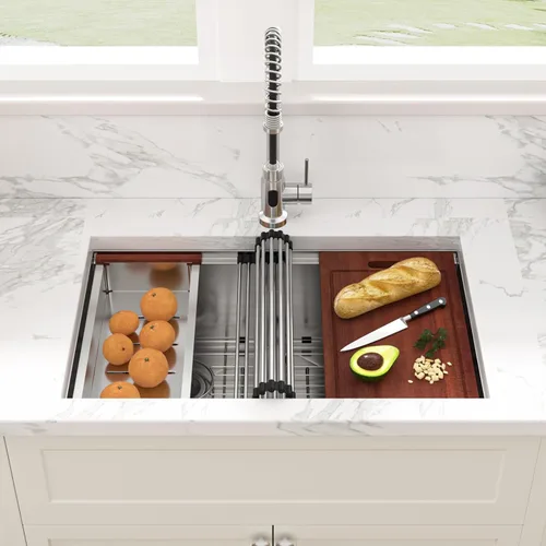 Miniatura 2 de Sarlai 28 Fregadero de cocina bajo encimera de doble tazón - Fregadero bajo encimera de acero inoxidable de 28x19 pulgadas de calibre 16, con repisa