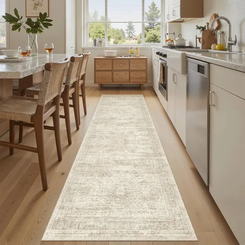 Miniatura 190 de Alfombra de pasillo Soalmost 2'6" x 10' lavable, alfombra antideslizante para cocina, baño, lavandería, alfombras vintage ultra delgadas para Beige