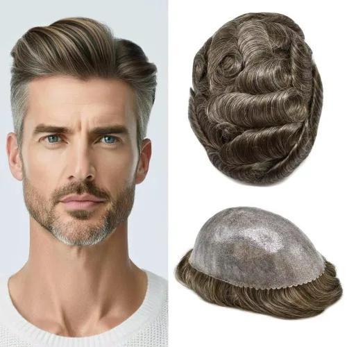 Miniatura 54 de Peluca completa de poliuretano para hombre, sistemas de reemplazo de cabello humano, piel fina y duradera, para hombre, prótesis de cabello
