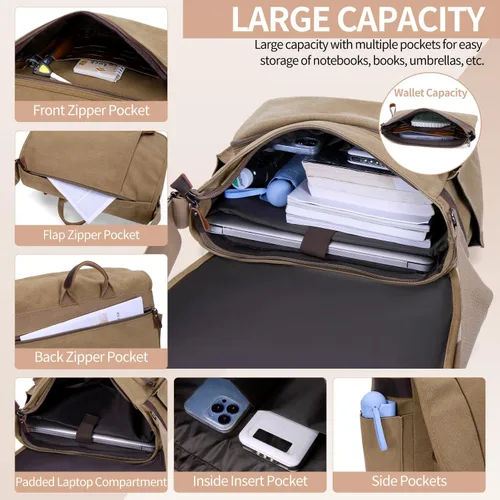 Miniatura 4 de NerIion Bolsa de Mensajero para Hombres de 17-17.3 Pulgadas, Bolsa de Laptop de Lona Resistente al Agua, Bolsa de Hombro, Maletín de Trabajo, Marrón