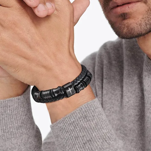 Miniatura 3 de TempBeau Pulsera de cuero negro cristiano para hombres, pulsera de cuero trenzado de doble fila con cruz de fe para hombres, regalo de joyería