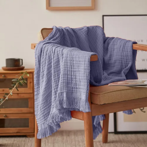Miniatura 16 de Simple&Opulence Manta de muselina de algodón para cama, sofá, manta de gasa tejida de punto con borlas, suave, ligera, acogedora, prelavada