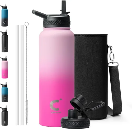 Miniatura 17 de Coolplus - Botella de agua de 32 onzas aislada, termo de agua de acero inoxidable con popote de metal de doble pared al vacío con funda de Negro