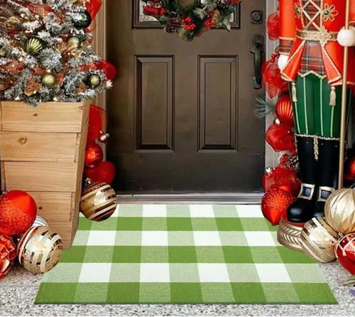 Miniatura 7 de Tapete verde y blanco para puerta delantera 24"x35", alfombra de porche delantero a cuadros búfalo, algodón tejido, lavable a máquina, reversible