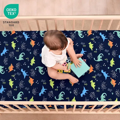 Miniatura 2 de PHF - Juego de 3 sábanas suaves ajustadas para cuna de dinosaurio, sábanas cómodas y transpirables para bebés, niños y niñas, 28 x 52 pulgadas, se