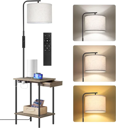 OUTON Lámpara de pie con mesa, mesa auxiliar con lámpara adjunta para dormitorio, puerto de carga tipo C, toma de corriente AC, mesa lateral con