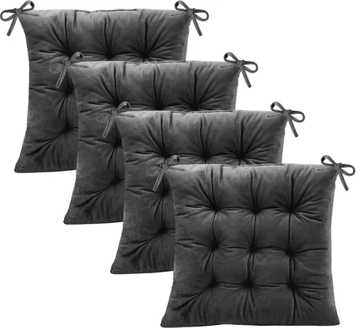 Miniatura 12 de Juego de 2 cojines para sillas de comedor con lazos, almohadilla antideslizante para silla de cocina para interior y tapete de asiento de comedor