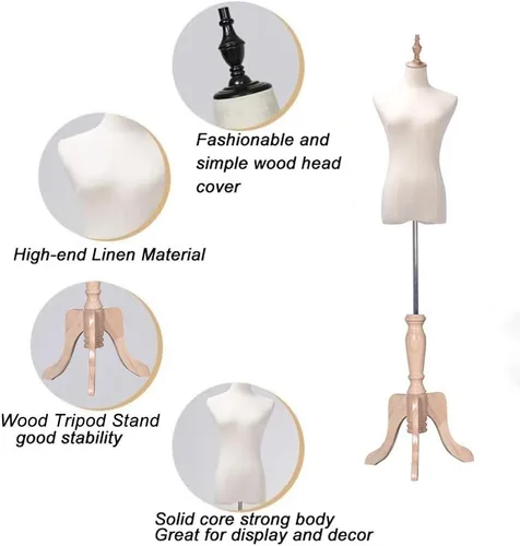 Miniatura 2 de Forma de vestido modelo femenino cuerpo de maniquí con trípode de madera, altura ajustable de 53-70 pulgadas, color madera M