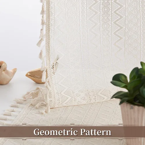 Miniatura 4 de ZJDECOR Cortinas traslúcidas de encaje bohemio de 54 pulgadas de largo, juego de 2 paneles de cortinas con patrón geométrico rústico beige